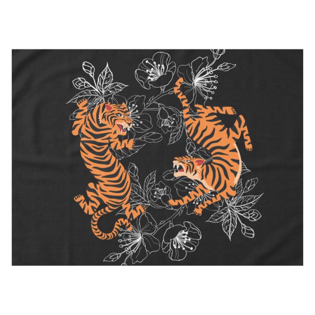 Tigers Japanisch Art Style Black Background Tischdecke (Vorderseite (Horizontal))