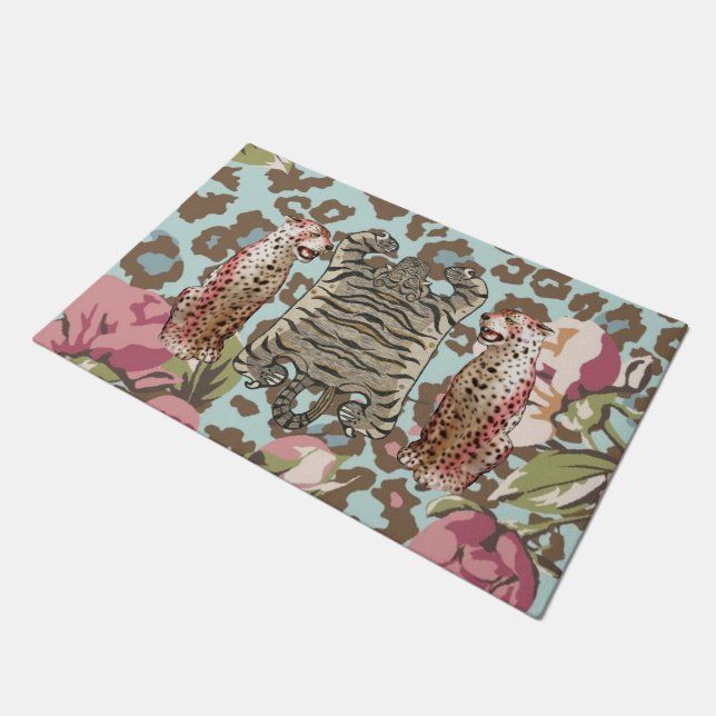 Tigre léopard rose Chinoiserie Tapis de mat (Incliné)
