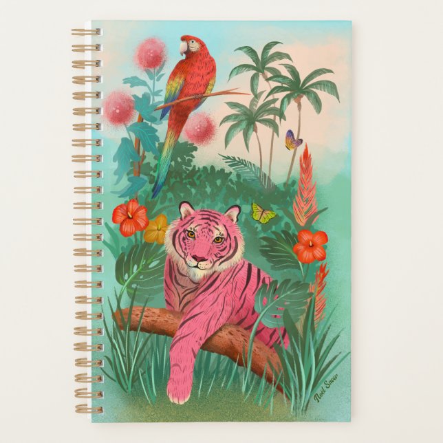 Tigre rose et perroquet dans la jungle tropicale (Devant)