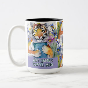 Tigre tenant le gros livre Mug à café à deux tons