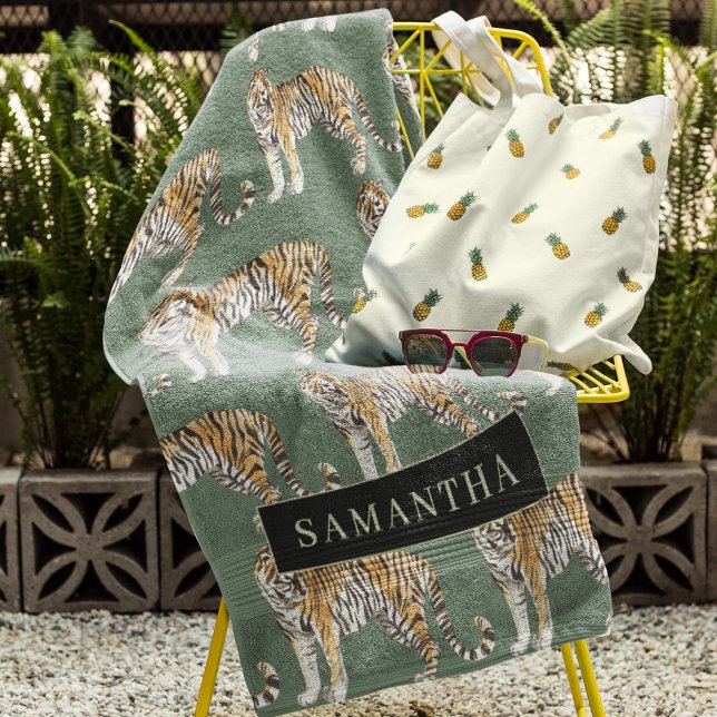 Tigres d'aquarelle verte tropicale Motif avec nom (Créateur téléchargé)