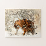 Tigress and Cub: "Das Leben ist hart, mein Schatz.<br><div class="desc">Das ist eine wunderschöne Szene von einem Tiger und einem Jungen im Schnee,  mit dem Satz: "Das Leben ist hart,  mein Liebling,  aber du auch."</div>
