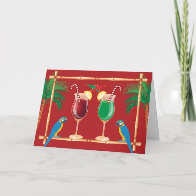Tiki Bar mit Papageien und Weihnachten Karte (Vorderseite)