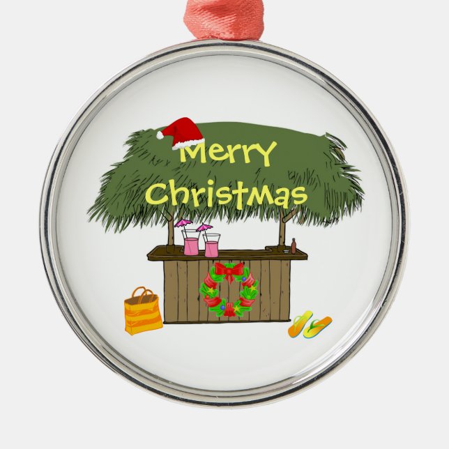 Tiki Bar-Weihnachtsmannmützewreath-tropisches Silbernes Ornament (Vorne)