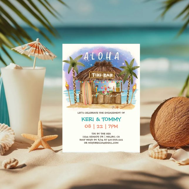 Tiki Beach Bar Tropical Moon Sea Engagement Party Einladung (Von Creator hochgeladen)