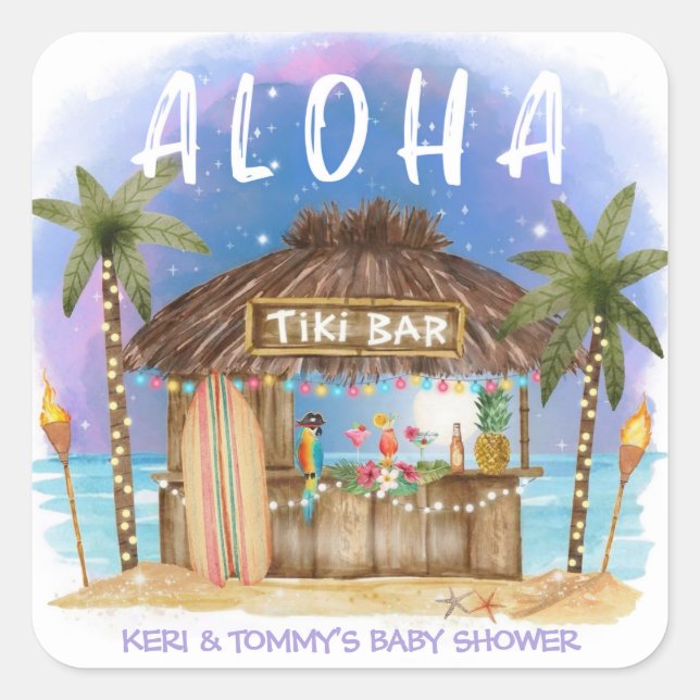 Tiki Beach Bar Tropical Surf & Sea Baby Dusche Quadratischer Aufkleber (Vorderseite)