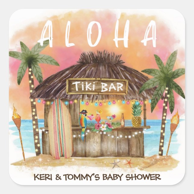 Tiki Beach Bar Tropical Surf & Sea Baby Dusche Quadratischer Aufkleber (Vorderseite)