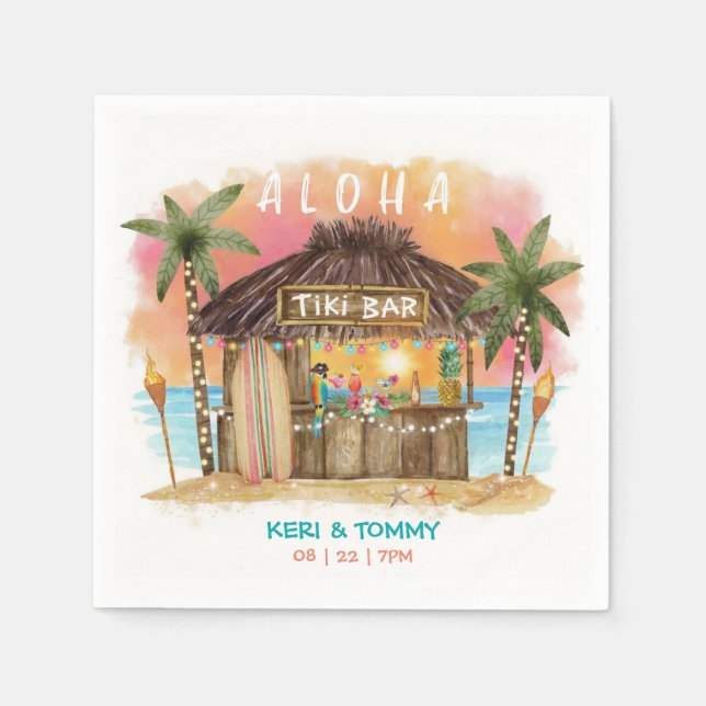 Tiki Beach Bar | Tropischer Sonnenuntergang Surf & Serviette (Vorderseite)