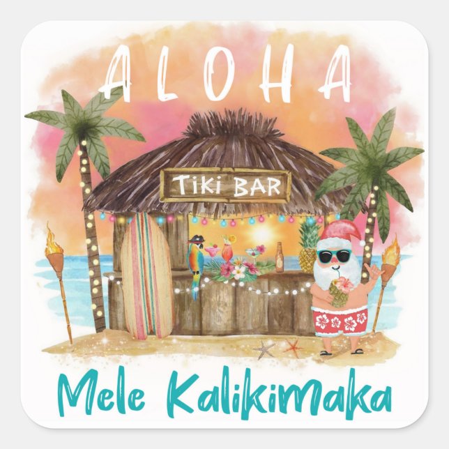 Tiki Beach Tropical Sunset Mele Kalikimaka Santa Quadratischer Aufkleber (Vorderseite)