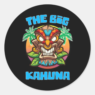Tiki Big Kahuna Funny Hawaiian Vathers Day Vacatio Runder Aufkleber