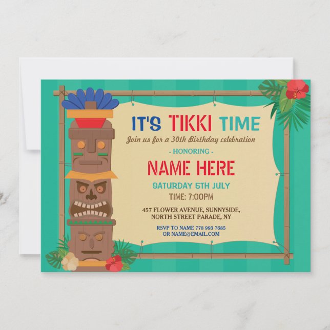 Tiki Birthday Party Aloha Luau Totem PoIe Tropical Einladung (Vorderseite)