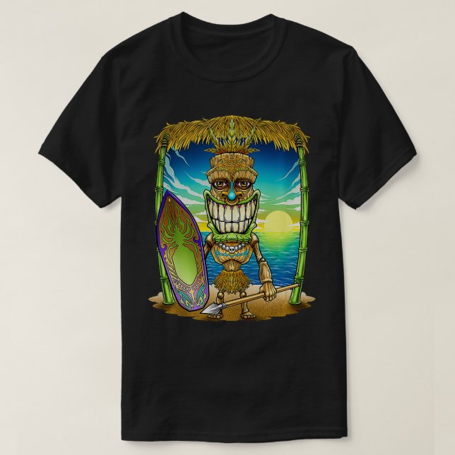 Tiki Head Surfer Surfboard Strand Hawaii Hut Stamm T-Shirt (Design vorne)