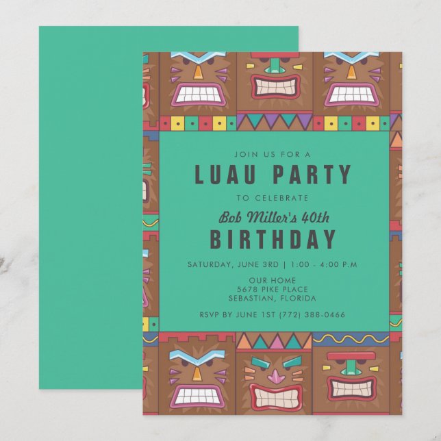 Tiki Mask Luau 40e anniversaire de fête Invitation (Devant / Derrière)