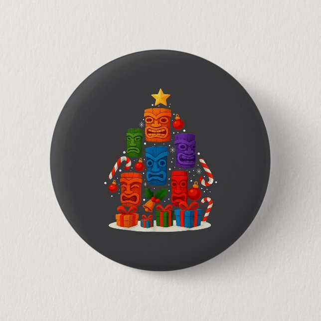 Tiki Mask Luau Christmas Tree Hawaiian Xmas Hat Ha Button (Vorderseite)