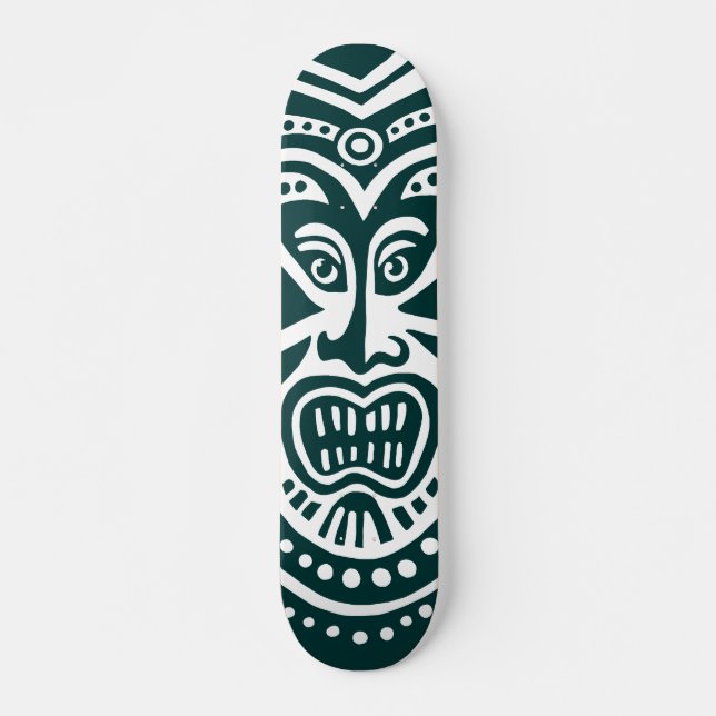 Tiki Maske Style - Dunkelgrün auf Holz Skateboard (Vorne)