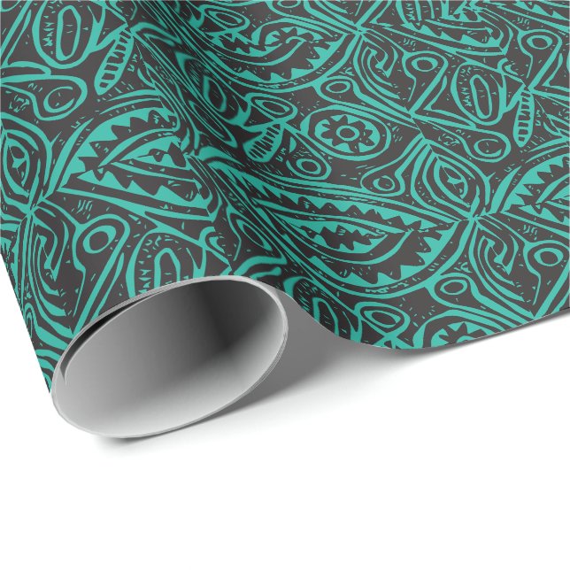 Tiki Muster schwarz und grün Geschenkpapier (Rolleneckpunkt)