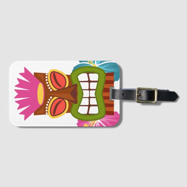 Tiki Statue Hawaiian God Hibiskus Blume Gepäckanhänger (Vorderseite (Horizontal))