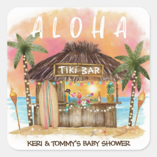 Tiki-Strandbar Tropical-Surf- und Meer-Baby-Party Quadratischer Aufkleber