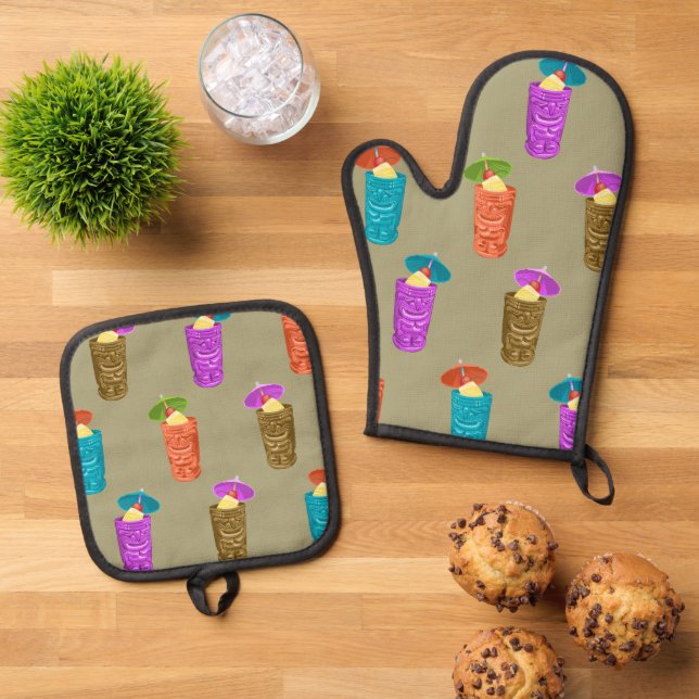 Tiki Tasse Retro Hawaiian Tropical Drinks Khaki Ofenhandschuh & Topflappen-Set (Oben Unten)