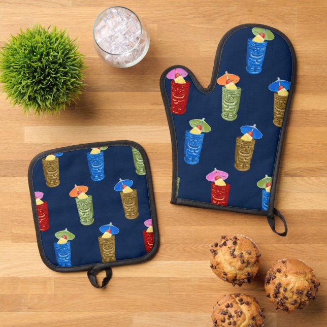 Tiki Tasse Retro Hawaiian Tropical Drinks Marine Ofenhandschuh & Topflappen-Set (Oben Unten)