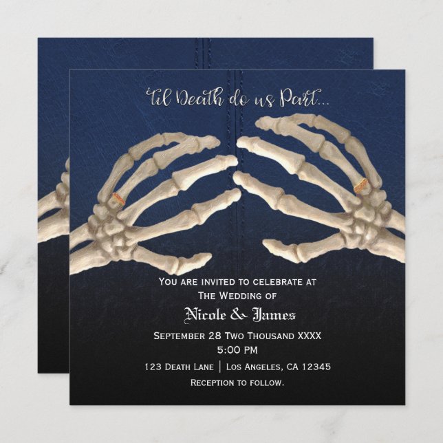 Til Death Do Blue Skeleton Gold Wedding Einladung (Vorne/Hinten)