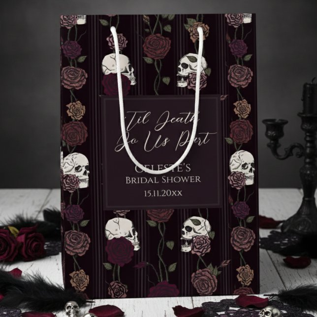 ’Til Death Do Us Part Gothic Skull & Rose Wedding Mittlere Geschenktüte (Elegant Dark Floral Skull Til Death Do Us Part Gothic Bridal Shower Gift Bags for Halloween Wedding)