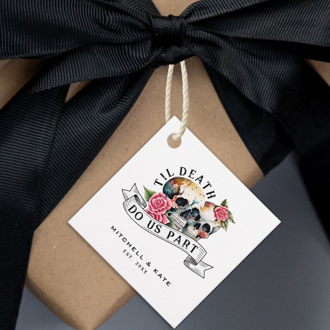 Til Death Do us Part Skulls & Rose White Wedding Geschenkanhänger (Til Death Do Us Part Skulls & Roses White Wedding Favor Tags)