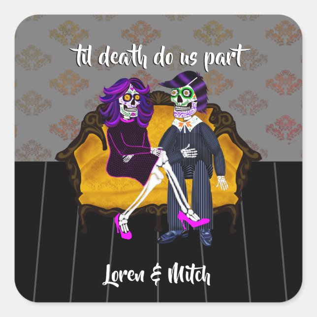 Til Death Do us Part Sugar Skull Couple Quadratischer Aufkleber (Vorderseite)
