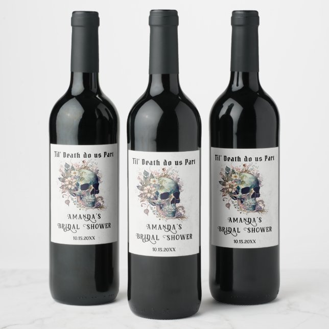 Til Death Floral Skull Gothic-Brautparty Weinetikett (Flaschen)