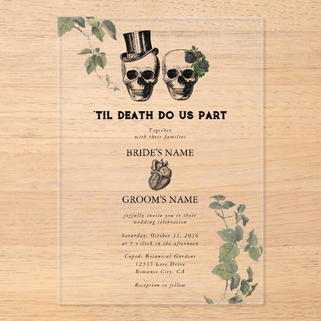 Til Death Gothic Heart Floral Skulls Wedding Acryleinladungen (Vorderseite)