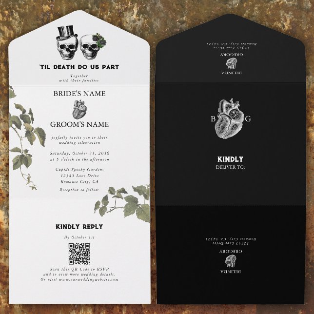 Til Death Gothic Heart Floral Skulls Wedding All In One Einladung (Til Death Gothic Heart Floral Skulls Wedding All In One Invitation)