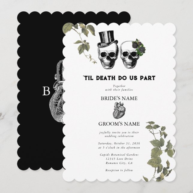 Til Death Gothic Heart Floral Skulls Wedding Einladung (Vorne/Hinten)