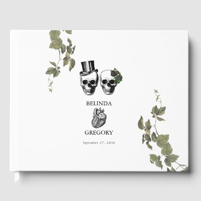 Til Death Gothic Heart Floral Skulls Wedding Gästebuch (Vorderseite)