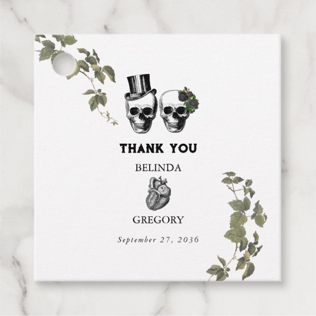 Til Death Gothic Heart Floral Skulls Wedding Geschenkanhänger (Vorderseite)