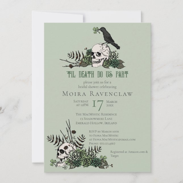 Til Death Gothic Irish Floral Skull Brautparty Einladung (Vorderseite)