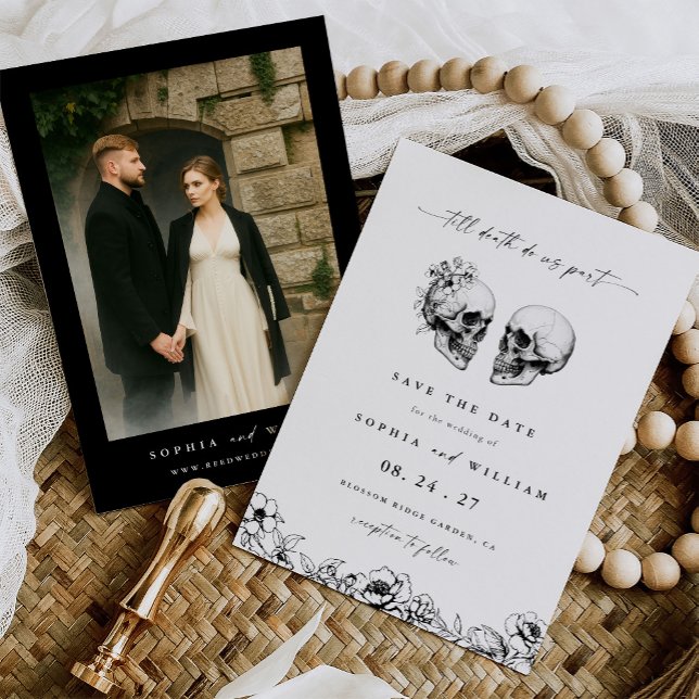 Til Death Gothic Skull Floral Foto Hochzeit Save The Date (Von Creator hochgeladen)