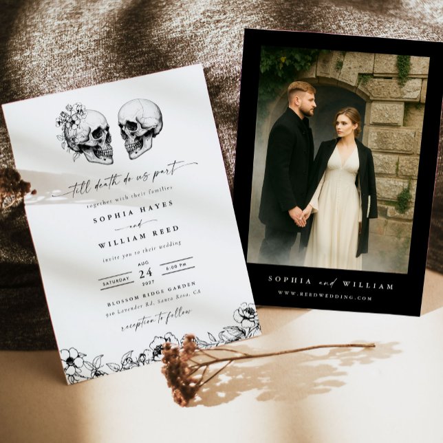 Til Death Gothic Skull Photo Black Floral Wedding Einladung (Von Creator hochgeladen)