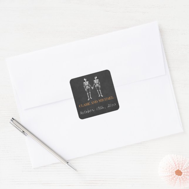 Til Death Halloween Skeleton Orange Black Wedding Quadratischer Aufkleber (Umschlag)