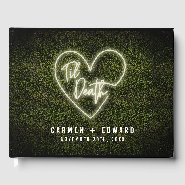 Til Death Heart White Neon Sign Boxwood Wedding Gästebuch (Vorderseite)