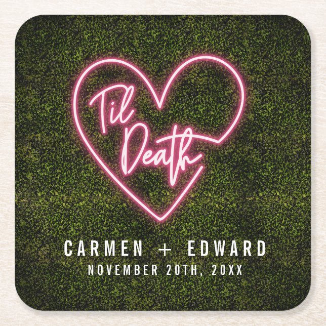 Til Death Neon Sign Heart Wedding Rechteckiger Pappuntersetzer (Vorderseite)