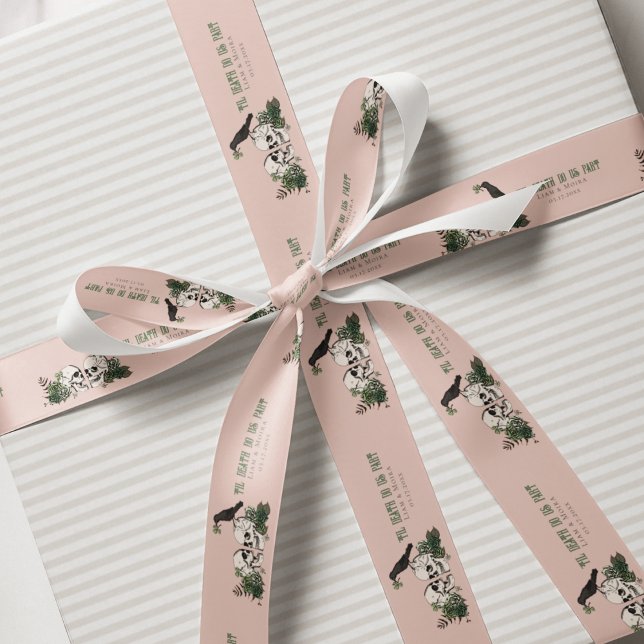 Til Death Pink Gothic St Patricks Day Floral Skull Satinband (Irish Gothic Bridal Shower Blush Pink Ribbon. Hand Drawn Skulls, Black Raven, Green Roses, Shamrocks)