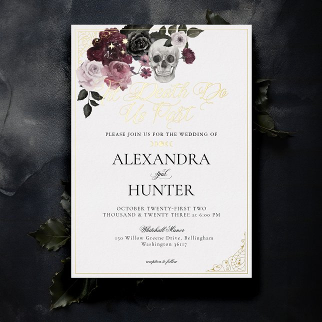 Til Death Watercolor Skull Rose Gothic Wedding Folieneinladung (Til Death Watercolor Skull Rose Gothic Wedding Foil White Invitation)