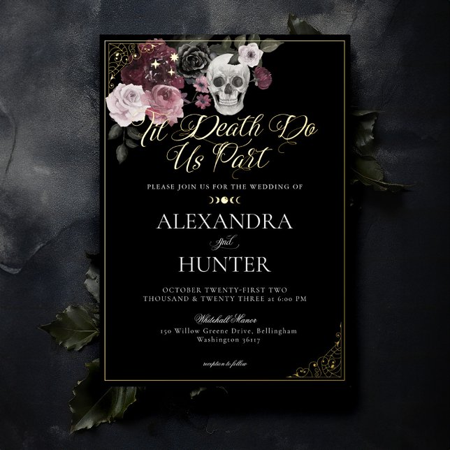 Til Death Watercolor Skull Rose Gothic Wedding Folieneinladung (Til Death Watercolor Skull Rose Gothic Wedding Foil Black Invitation)
