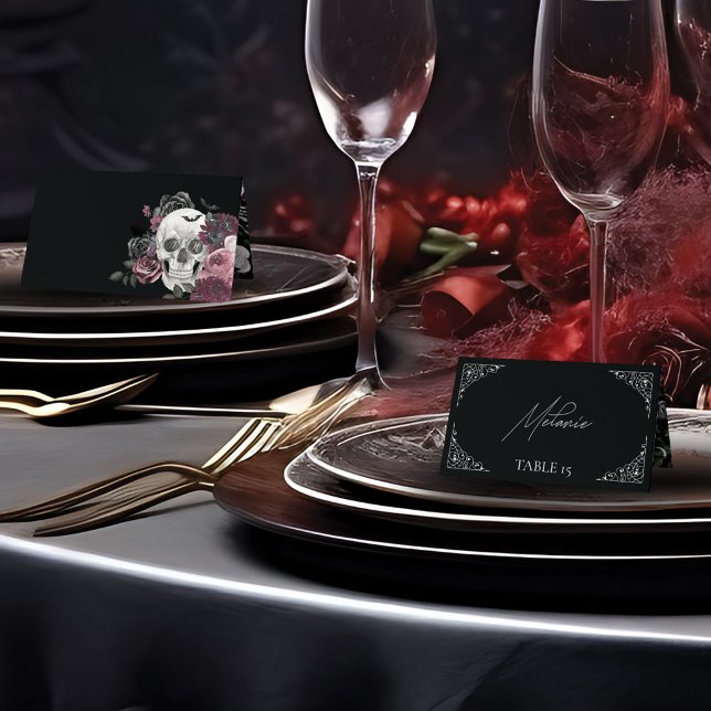 Til Death Watercolor Skull Rose Gothic Wedding Platzkarte (Til Death Watercolor Skull Rose Gothic Wedding Place Card)