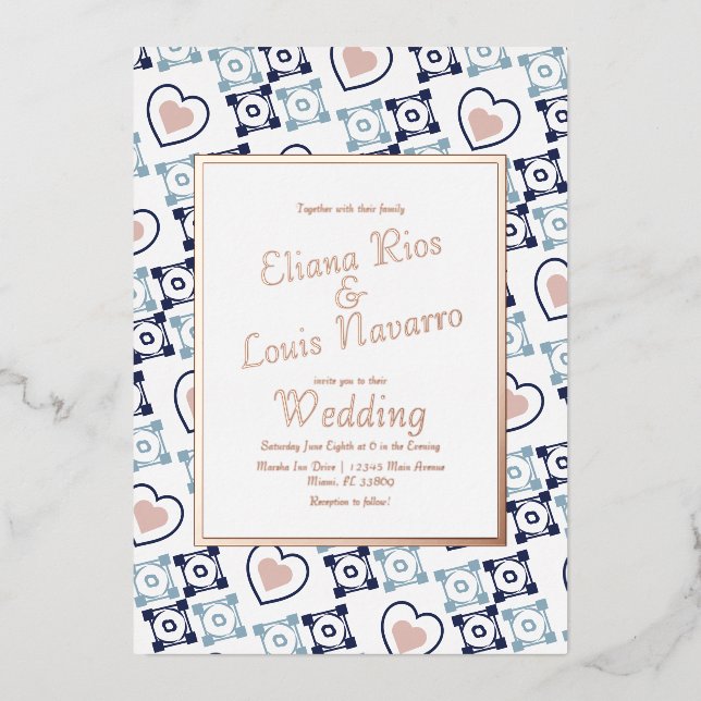 Tile-Heart Talavera Blue Wedding gepresst Folieneinladung (Vorderseite)