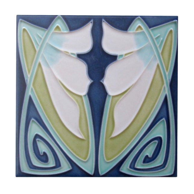 Tile - Jugendstil Blau Hintergrund Weiße Blume Fliese (Vorderseite)