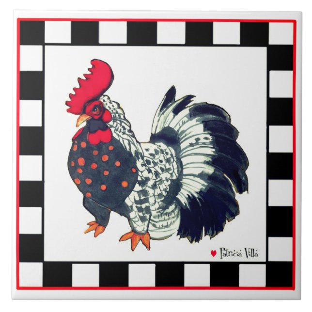 Tile with rooster art black white checks fliese (Vorderseite)