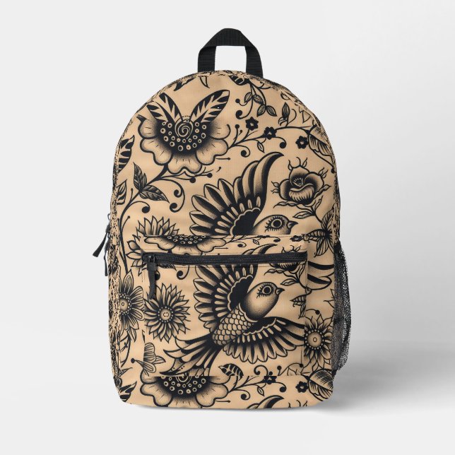 Tiled Bird und Blume Tattoo Muster Bedruckter Rucksack (Vorderseite)