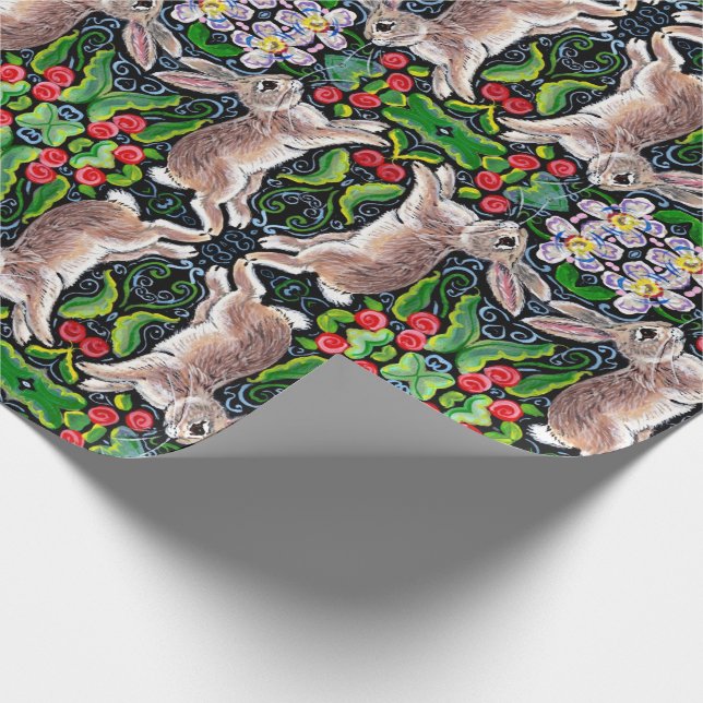 Tiled Christmas Bunny Rabbit Rose Holly Geschenkwr Geschenkpapier (Ecke)