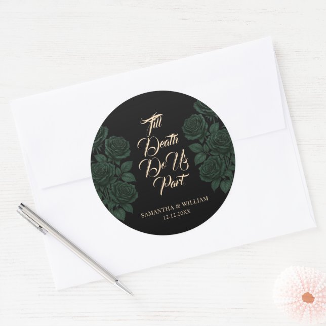 Till Death Do Us Part Green Rose Modern Wedding Runder Aufkleber (Umschlag)